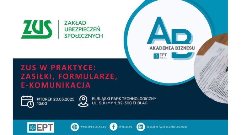 Zaproszenie na&nbsp;spotkanie Akademia Biznesu: „ZUS w&nbsp;praktyce – zasiłki, formularze, e-komunikacja”.